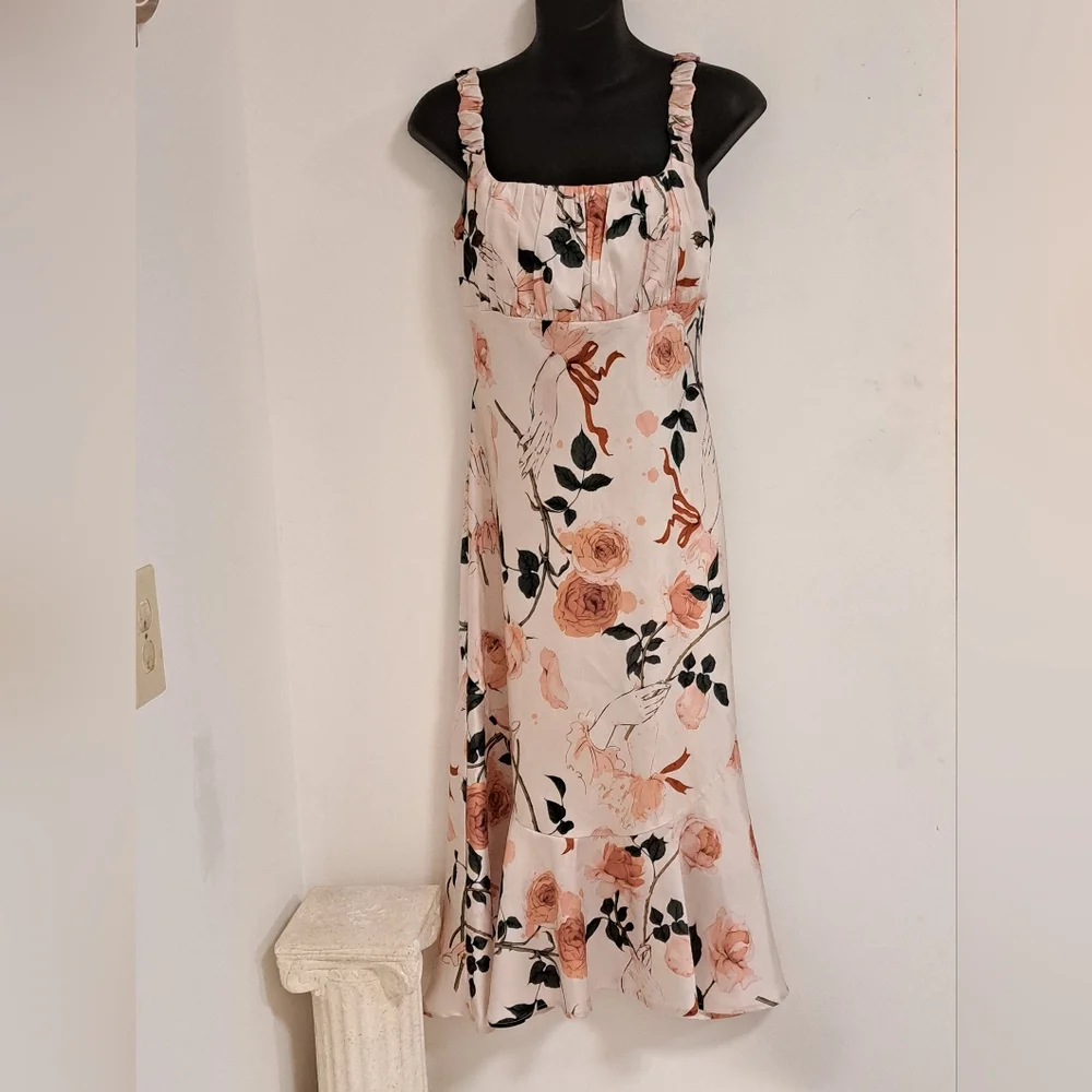 Floral Midi Dress in Cream and Pink - Picture 3 of 10